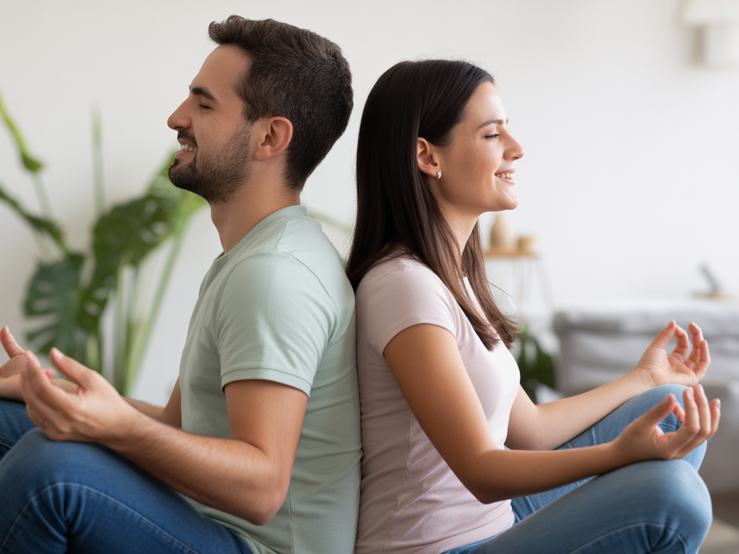 Casal praticando meditação em casal em uma sala iluminada, simbolizando a conexão no relacionamento e o bem-estar integral.