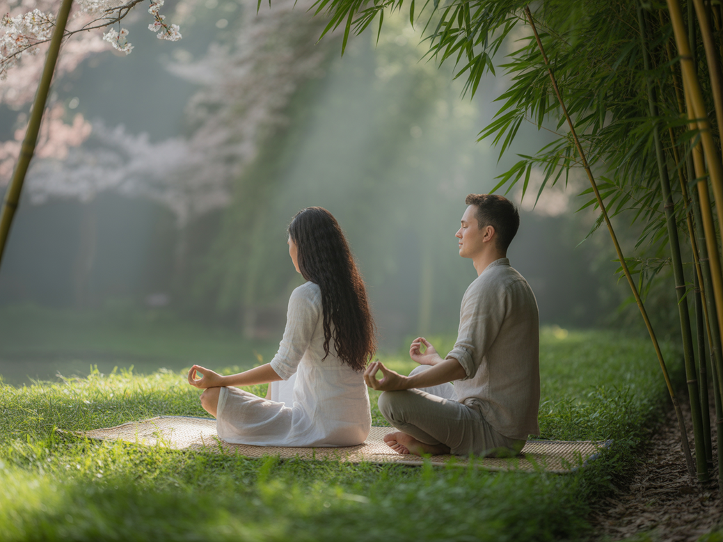 Casal meditando junto em um ambiente tranquilo e feliz, representando a meditação em casal do Vitalizen.