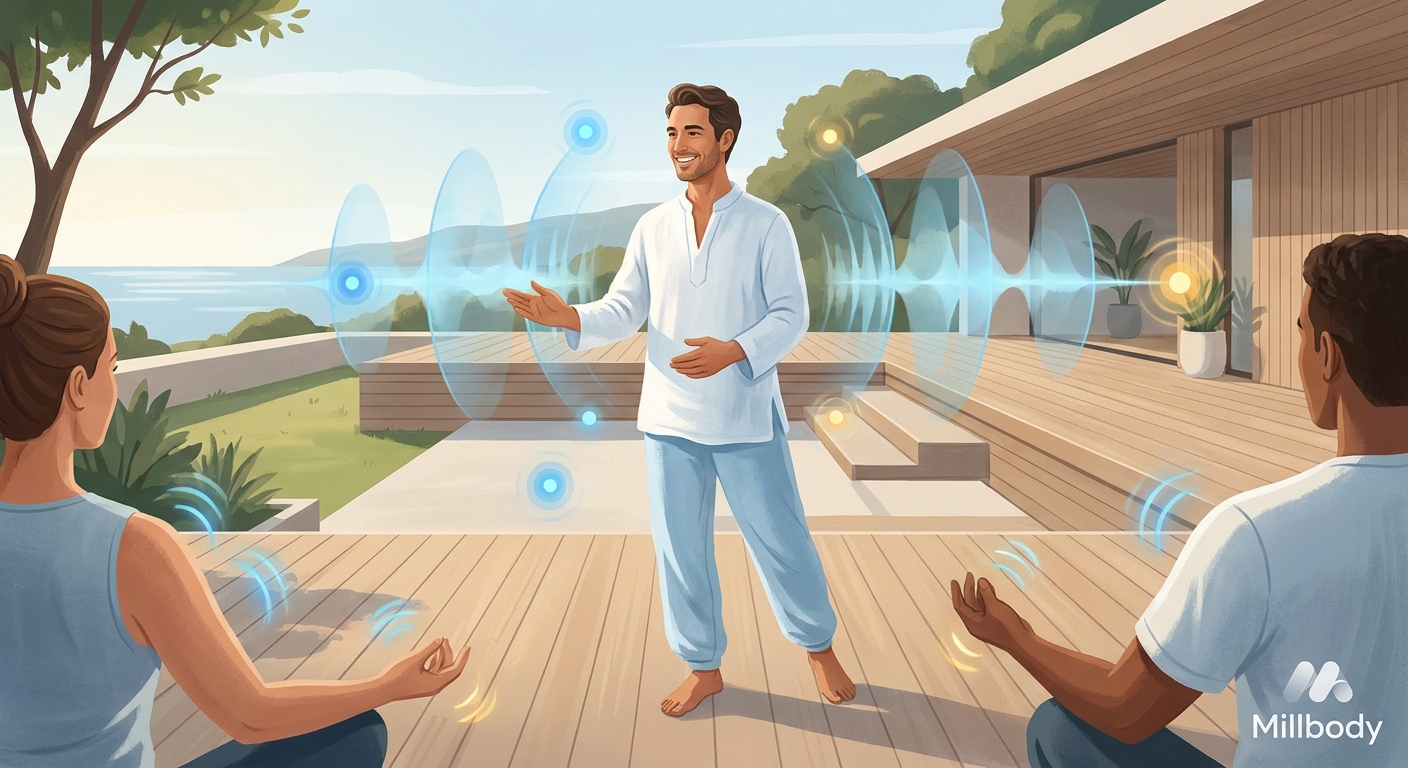 Instrutor guiando aula de meditação em movimento com ondas sonoras e vibração visual