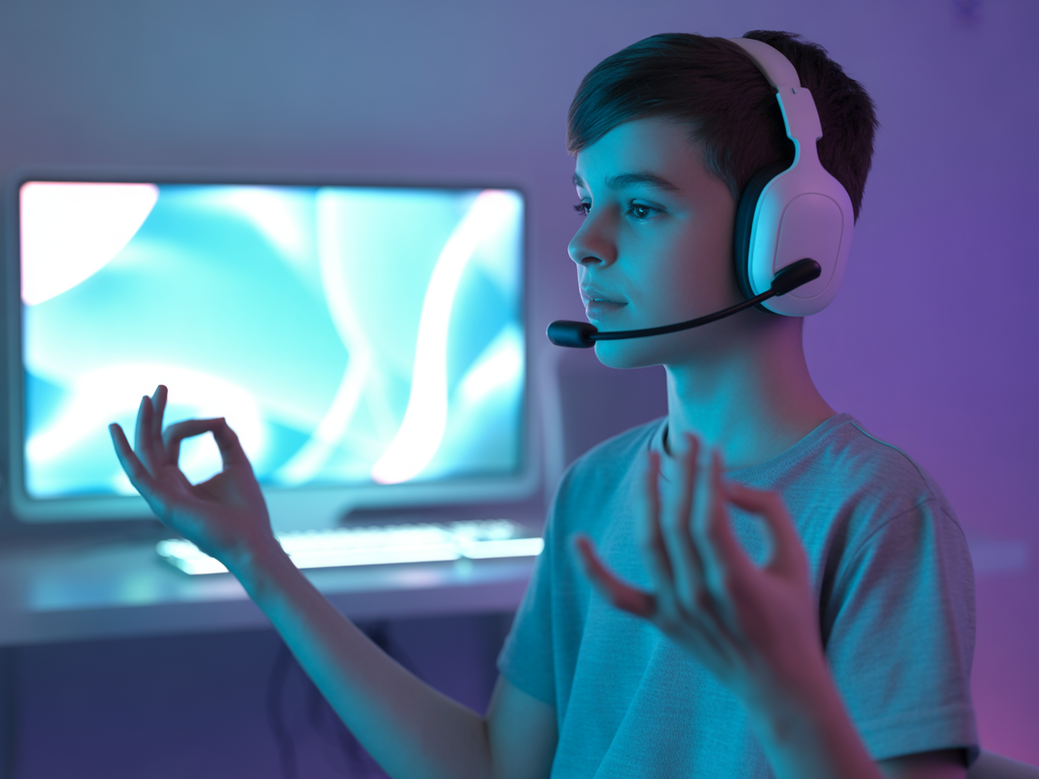 Meditação para Gamers - Um jovem gamer meditando em frente ao seu setup de alta performance.
