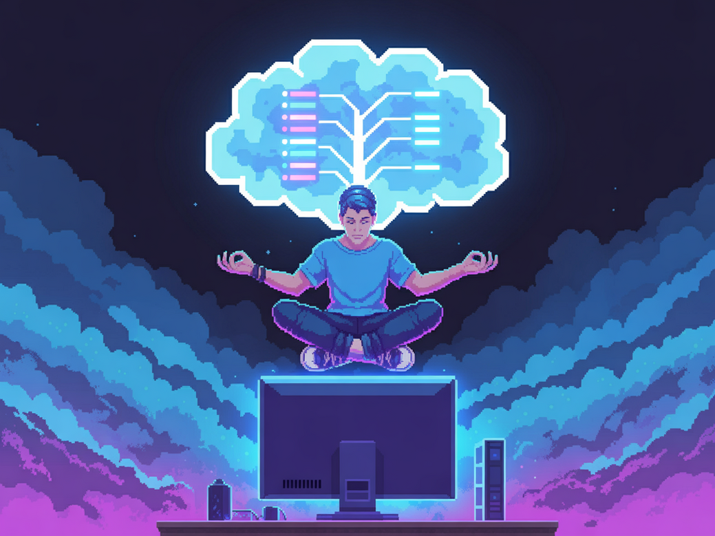 Meditação para Gamers - Um jogador meditando em frente ao seu setup gamer, com uma árvore de habilidades mentais brilhando em sua mente.