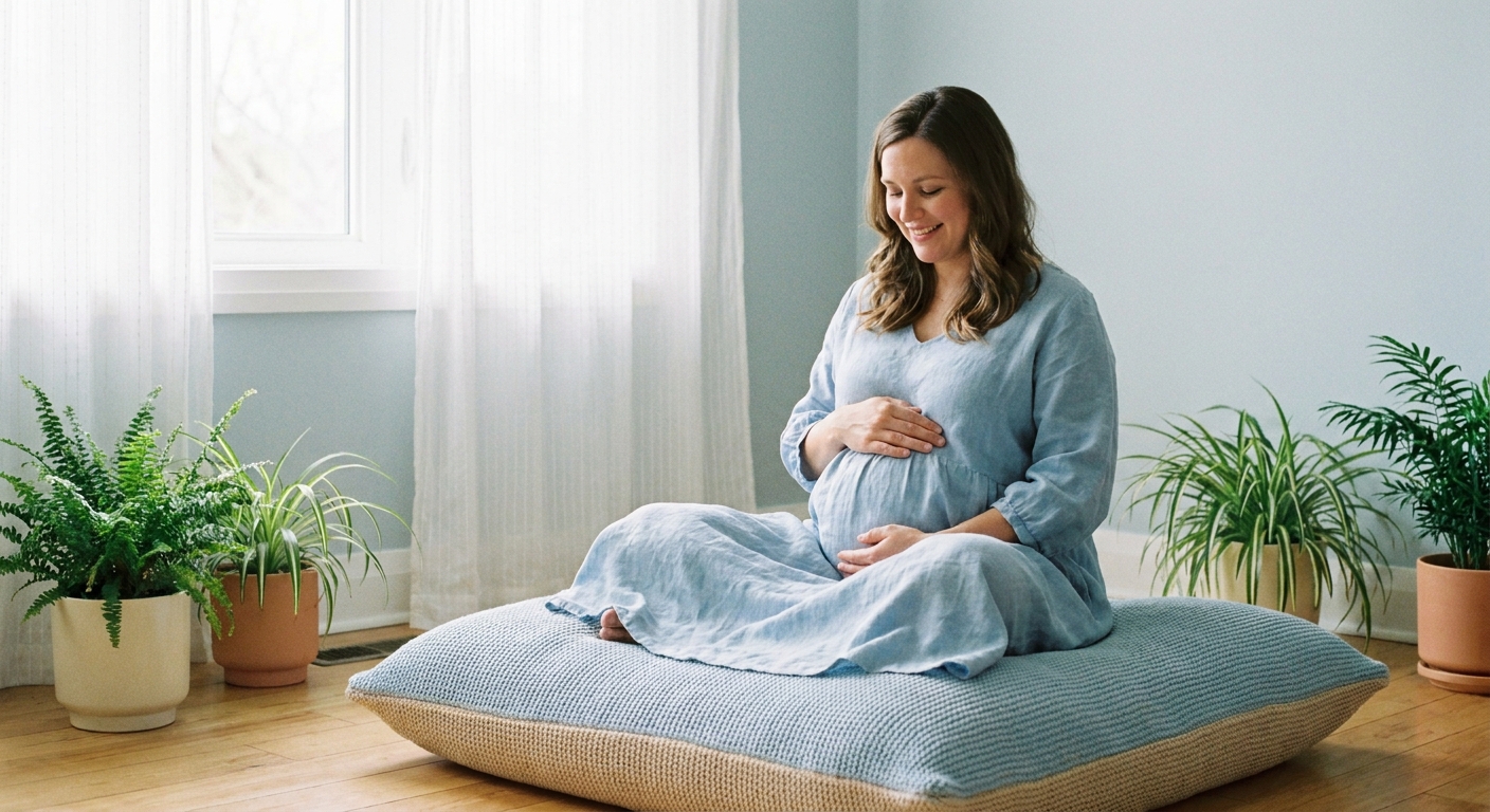 Gestante sorrindo meditando sentada em almofada com mãos na barriga em ambiente calmo e iluminação natural