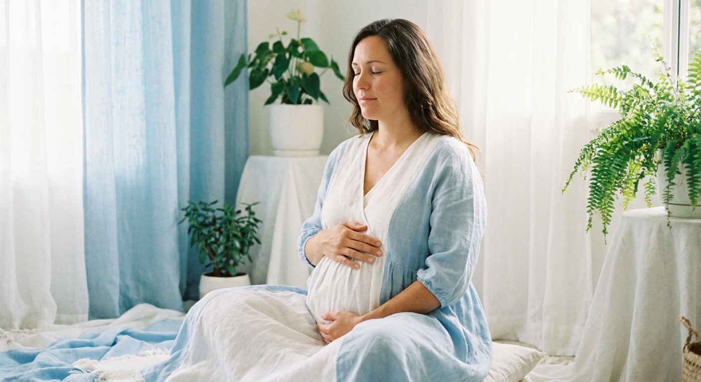 Gestante meditando com as mãos sobre a barriga conectando-se com o bebê