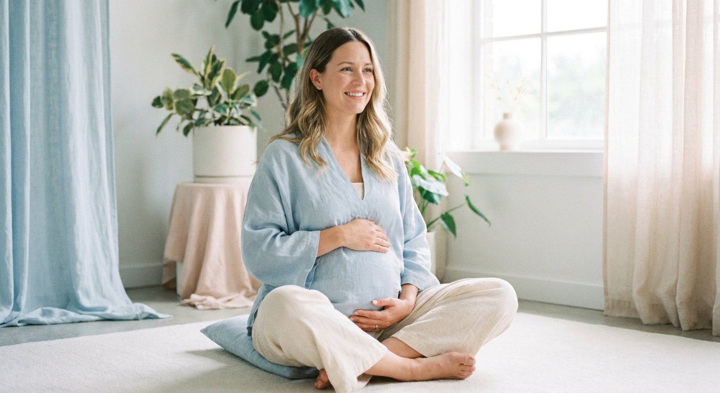 Gestante meditando sentada confortavelmente com as mãos sobre a barriga em ambiente calmo com luz natural suave e tons azuis
