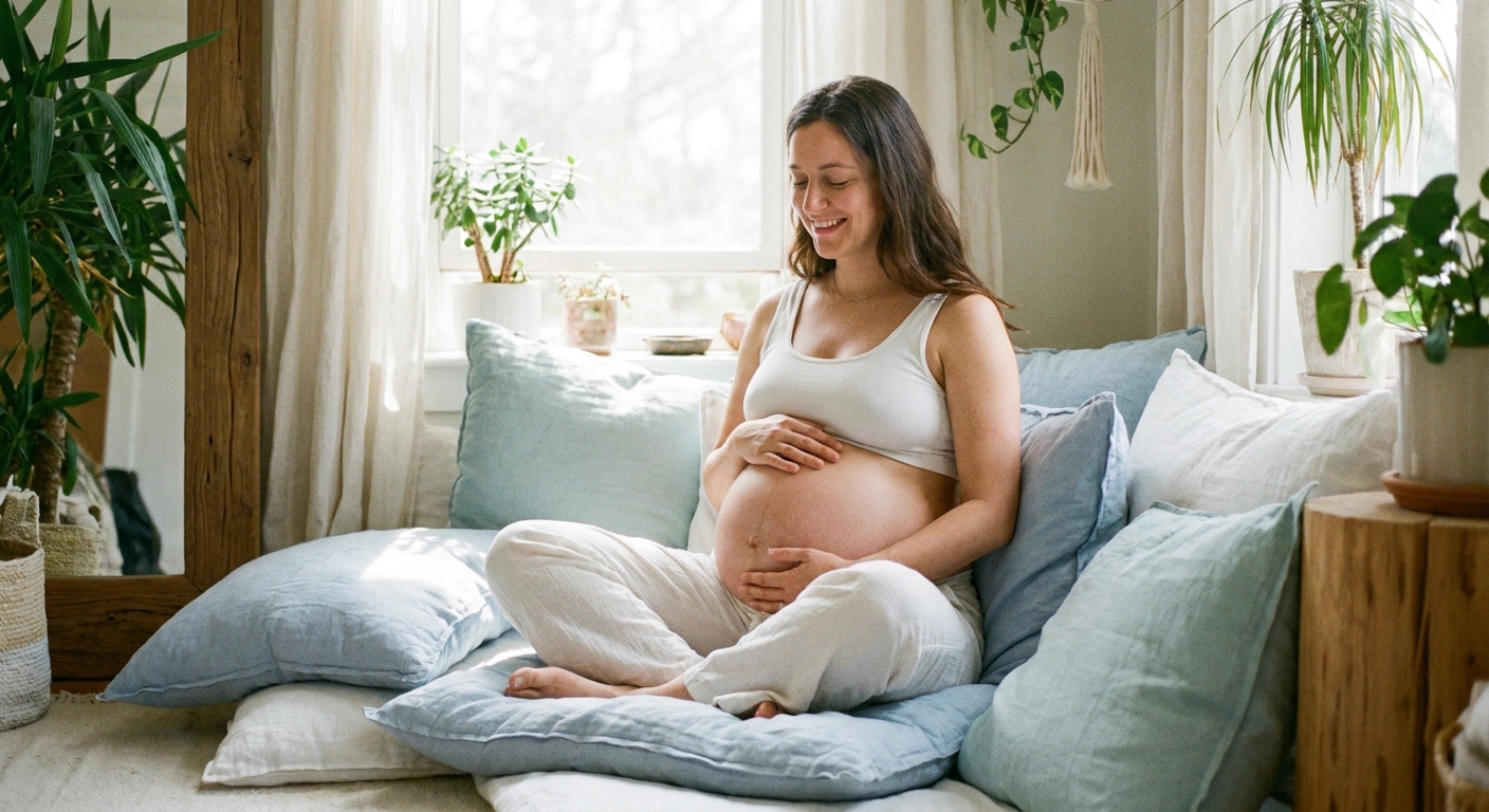 Gestante meditando sentada com almofadas, mãos sobre a barriga, em ambiente tranquilo com luz natural