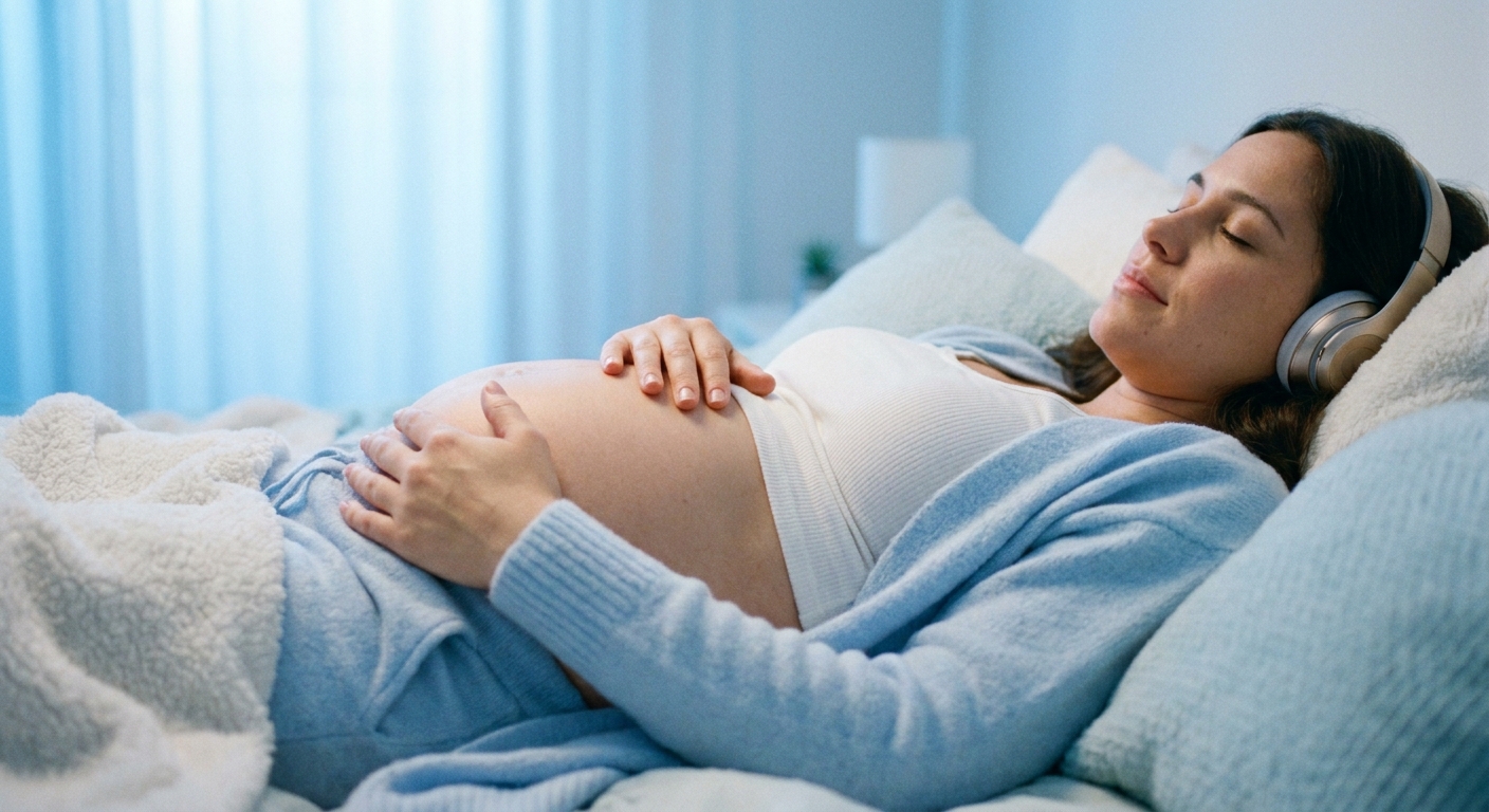 Gestante meditando em conexão com o bebê usando Vitalizen App