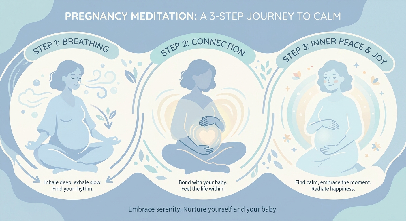 Infográfico com 3 passos de meditação para gestantes: inspirar, visualizar o bebê e sorrir