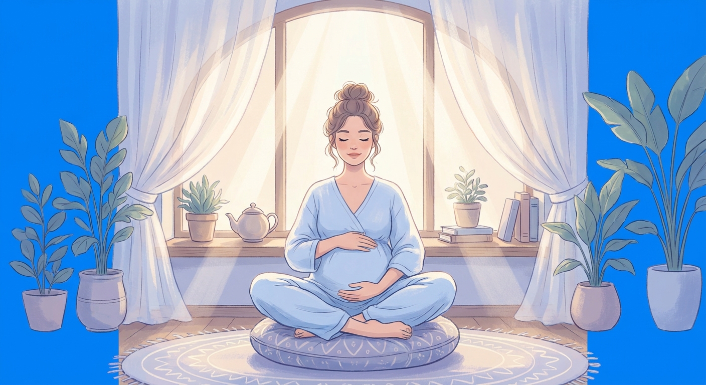 Gestante meditando em ambiente tranquilo com luz natural e tons azuis suaves - Meditação para gestantes Vitalizen App