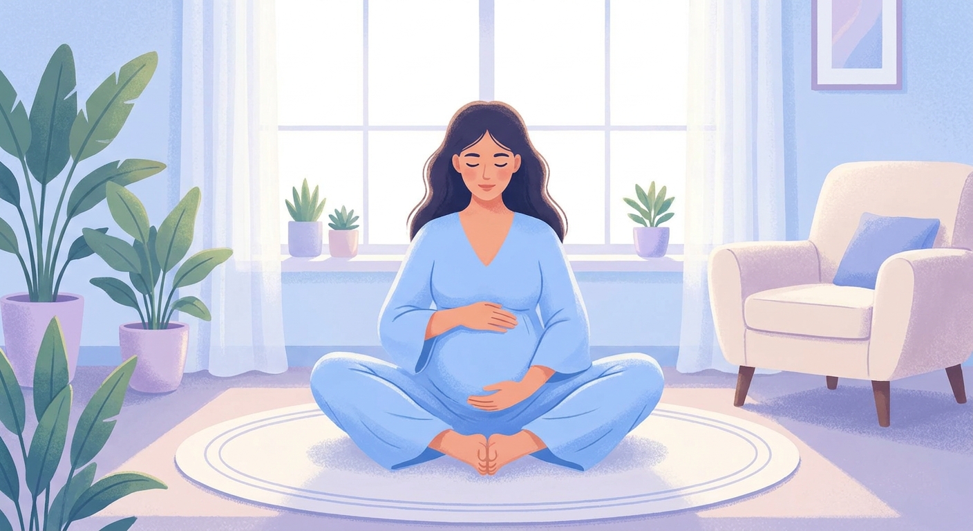 Gestante meditando em posição de borboleta com as mãos sobre a barriga em ambiente calmo e iluminado