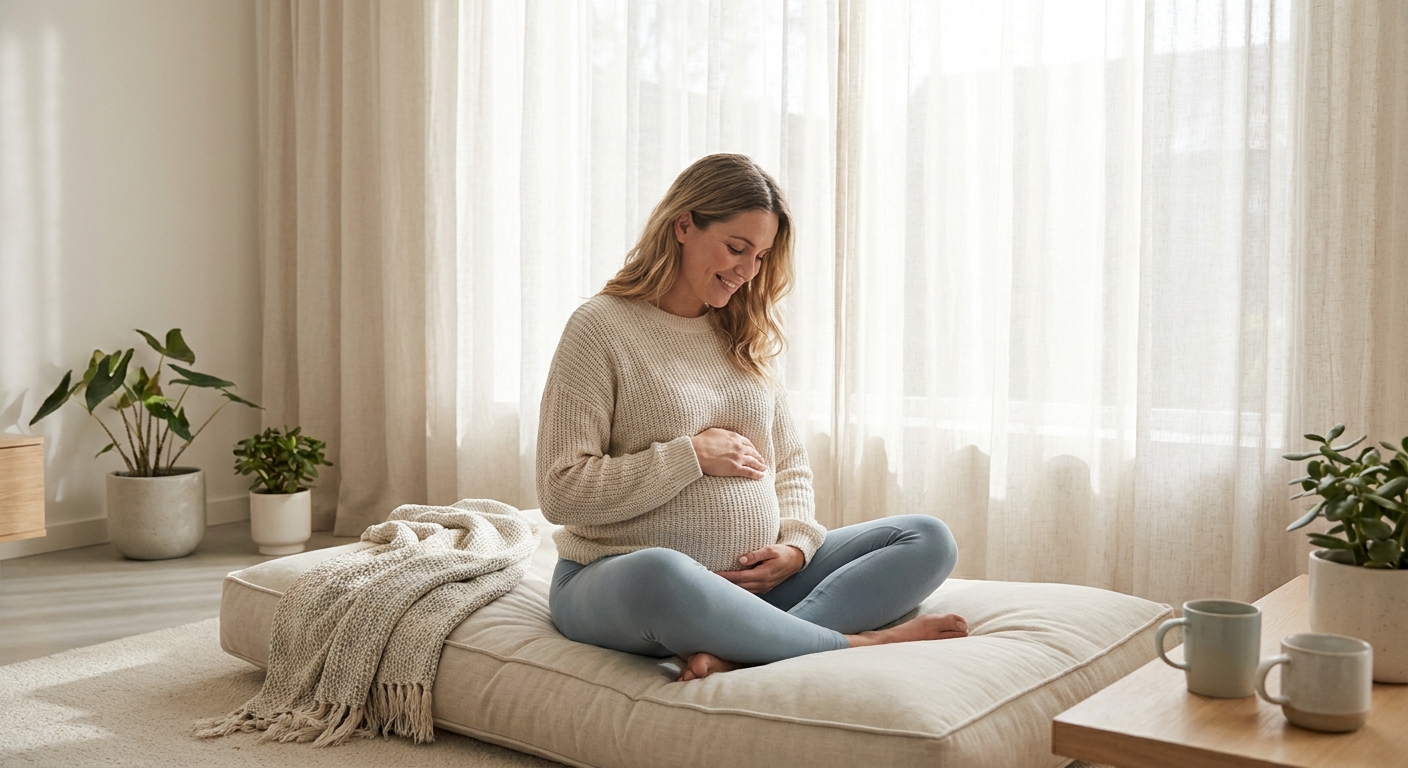 Gestante meditando com as mãos na barriga em ambiente calmo e acolhedor - meditação para gestantes Vitalizen