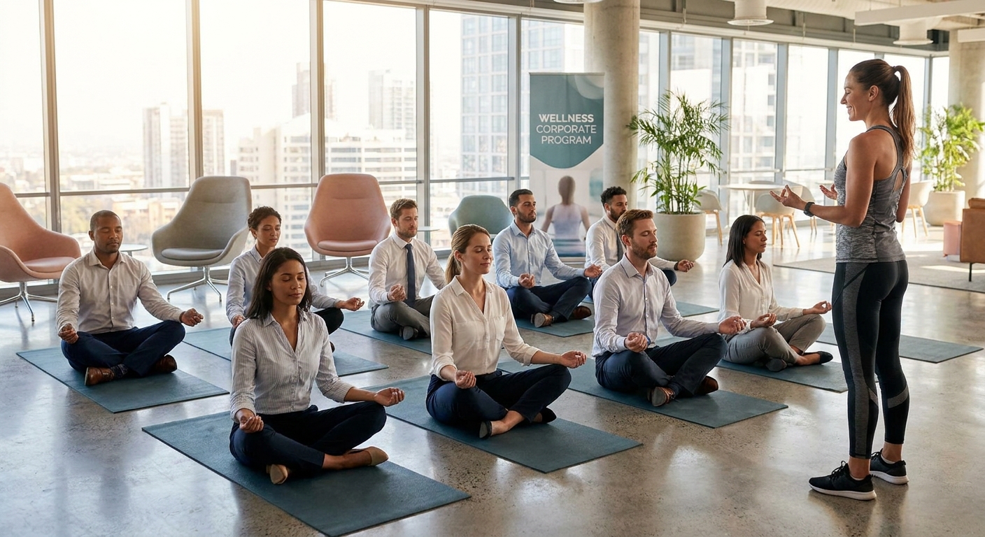 Meditação guiada para funcionários Sessão de meditação guiada para funcionários em empresa com tecnologia de bem-estar corporativo