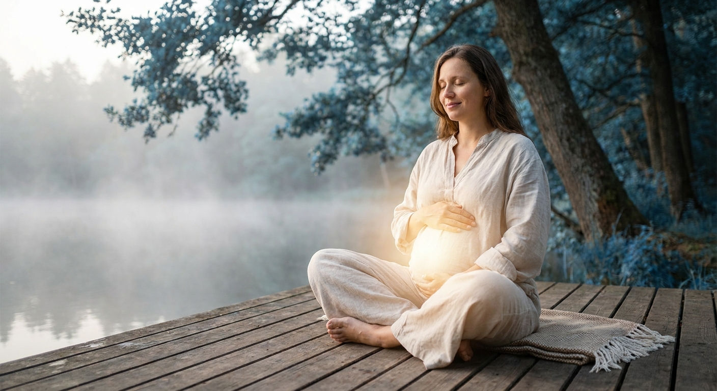 Gestante meditando com o Vitalizen App, mãos na barriga em conexão com o bebê