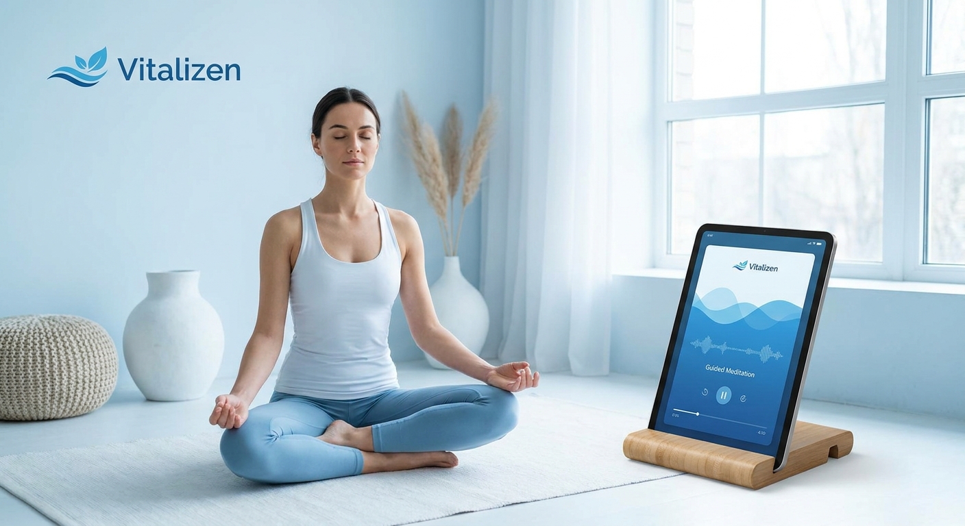 Pessoa meditando em posição de lótus com smartphone ao lado exibindo aplicativo de meditação