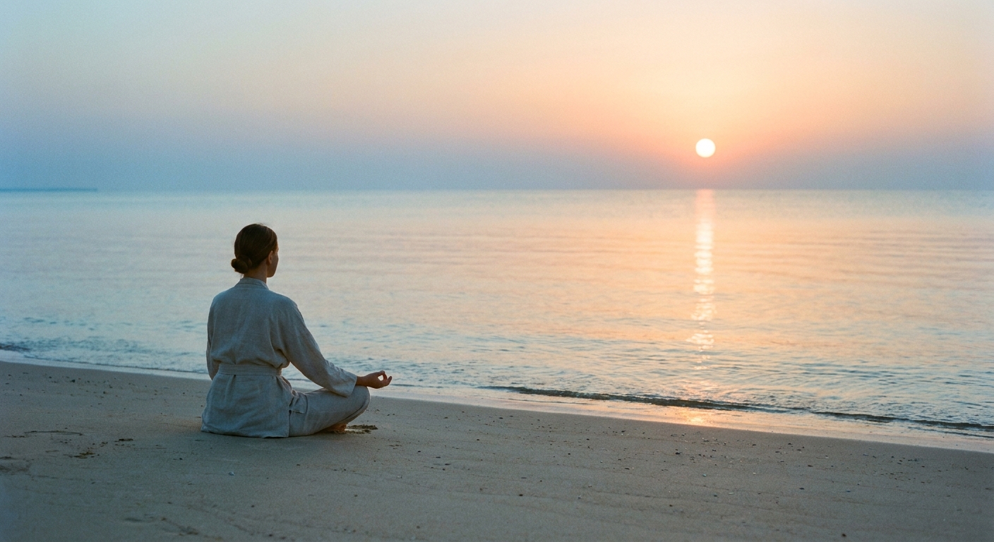 Meditação guiada para iniciantes em um ambiente calmo e sereno ao amanhecer