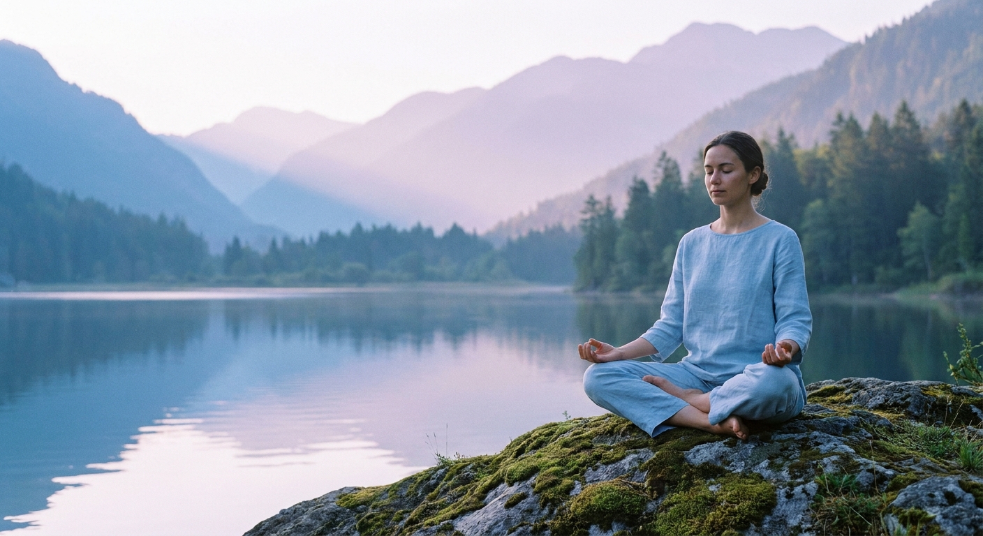 Meditação Guiada para Iniciantes: encontre paz interior Mulher meditando ao ar livre com luz do amanhecer – meditação guiada para iniciantes