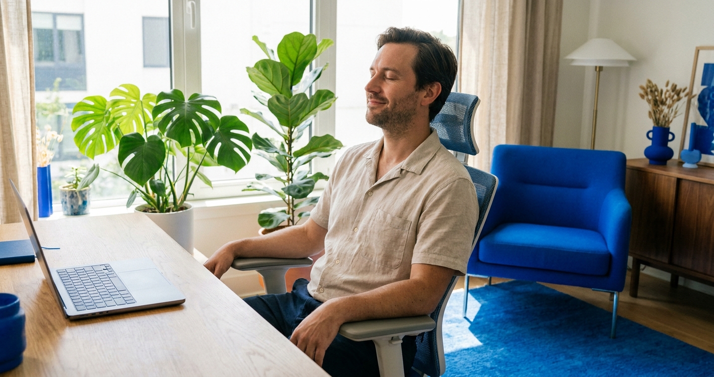 Profissional remoto praticando meditação para home office na cadeira do escritório durante pausa consciente