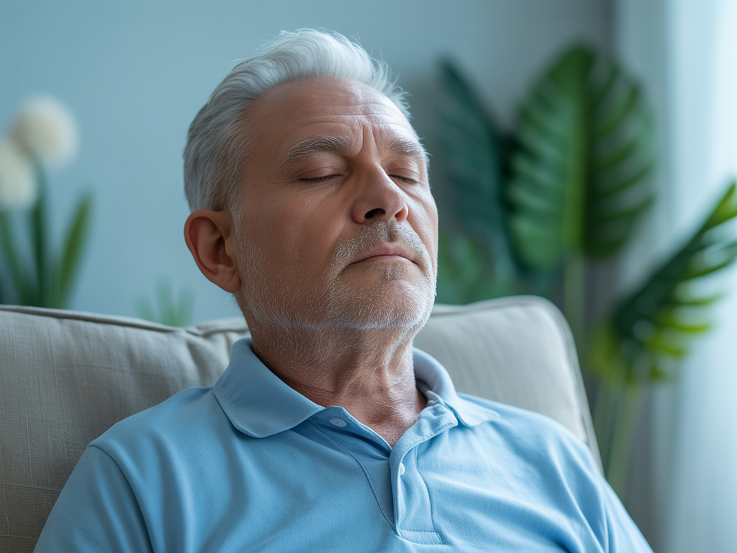 Senhora sorrindo enquanto pratica meditação para idosos, sentada confortavelmente em uma poltrona com as mãos em gesto de prece.