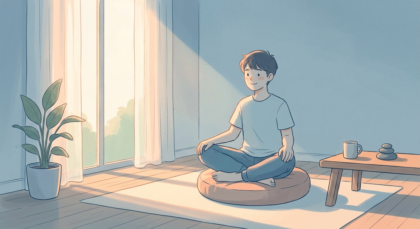 Jovem meditando em ambiente calmo com luz natural - dicas de meditação para iniciantes