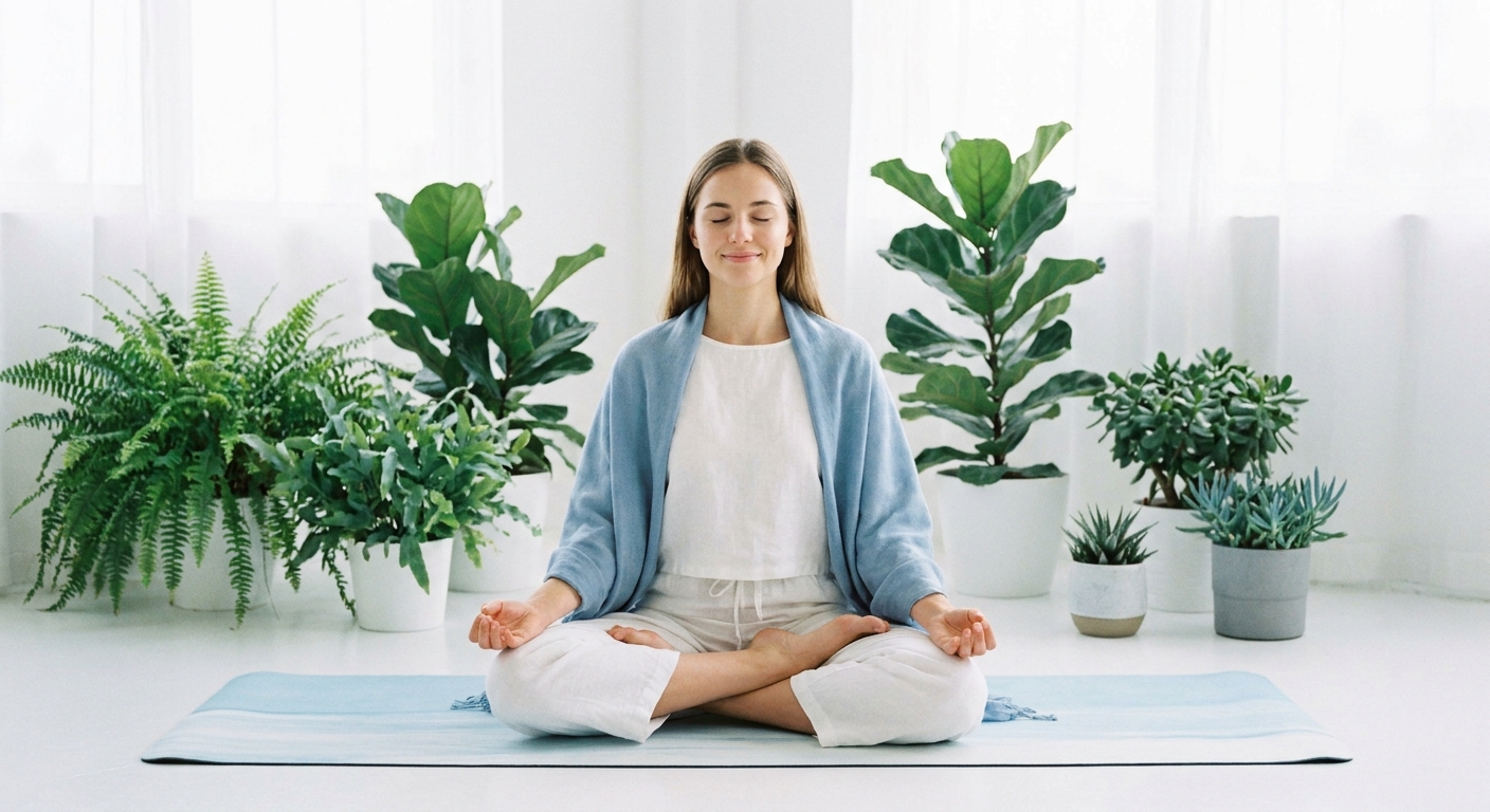 Mulher meditando em posição de lótus em ambiente calmo e iluminado