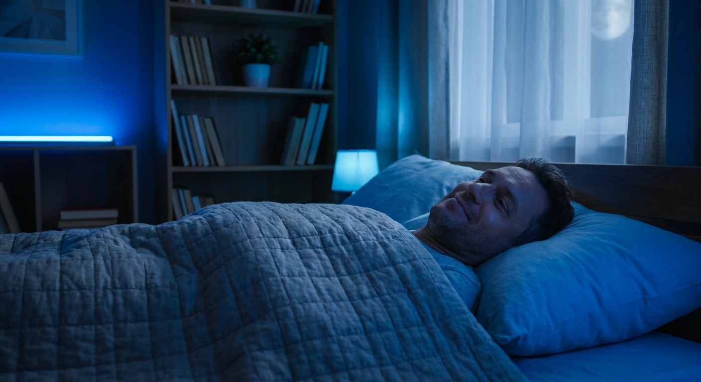 Homem deitado praticando meditação noturna guiada para insônia com iluminação azul relaxante - Vitalizen