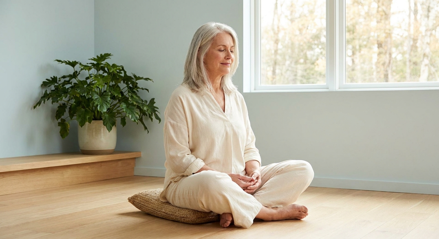 Mulher madura meditando com serenidade em ambiente calmo com tons azuis - meditação para menopausa