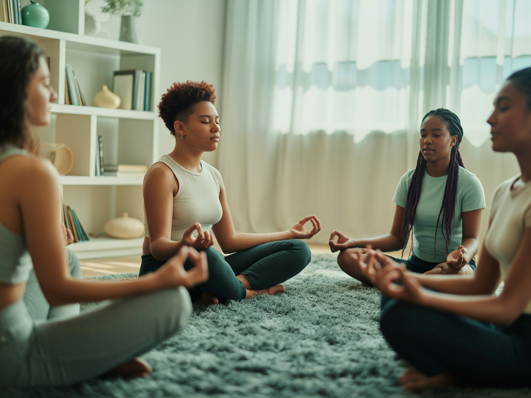 Montagem de jovens praticando meditação para adolescentes em diversos cenários, como no quarto e ao ar livre, ilustrando a aplicação do mindfulness no dia a dia.