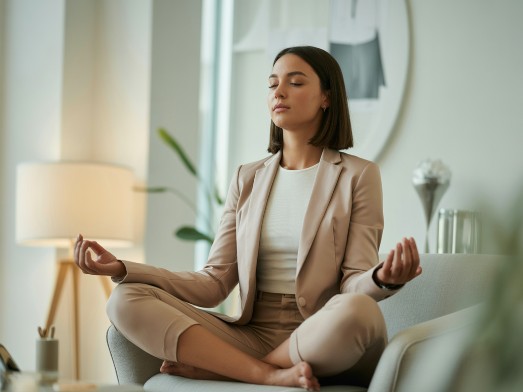 Meditação para empreendedoras de sucesso em um ambiente de trabalho calmo e produtivo