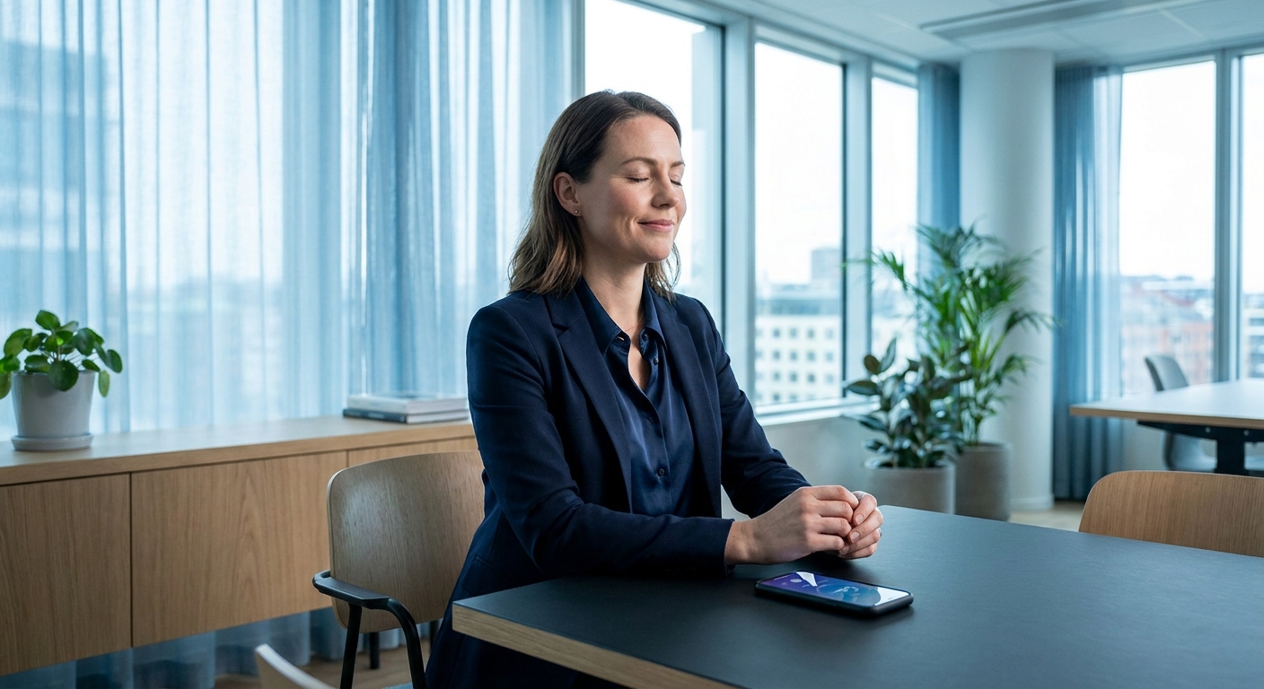 Meditação e mindfulness para executivas: mulher meditando no escritório com app Vitalizen