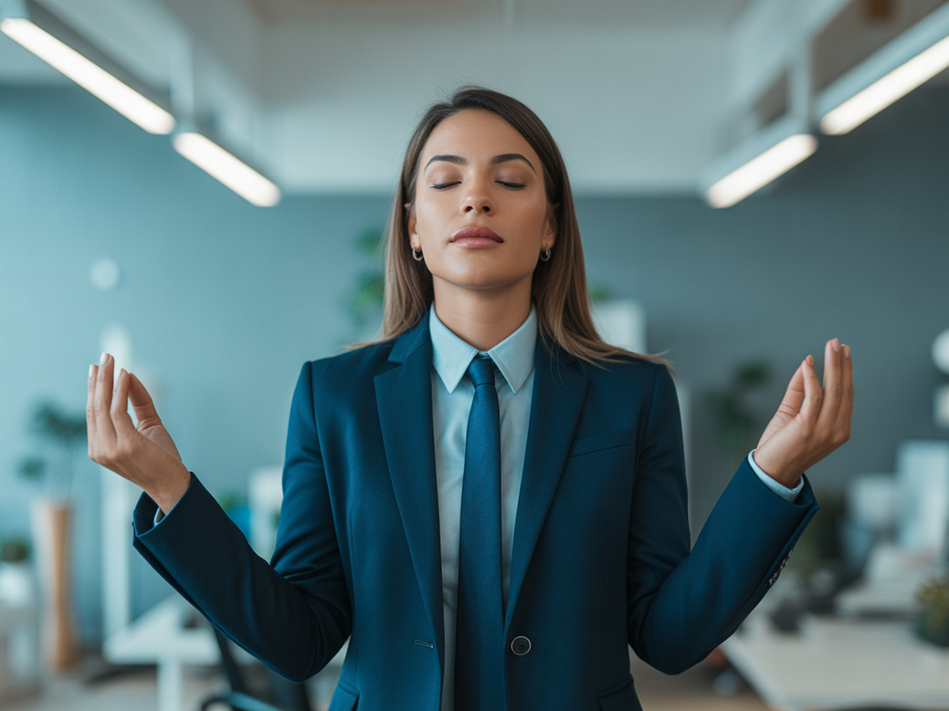 Executivo praticando meditação para executivos em seu escritório, um oásis de calma em meio à agitação corporativa.