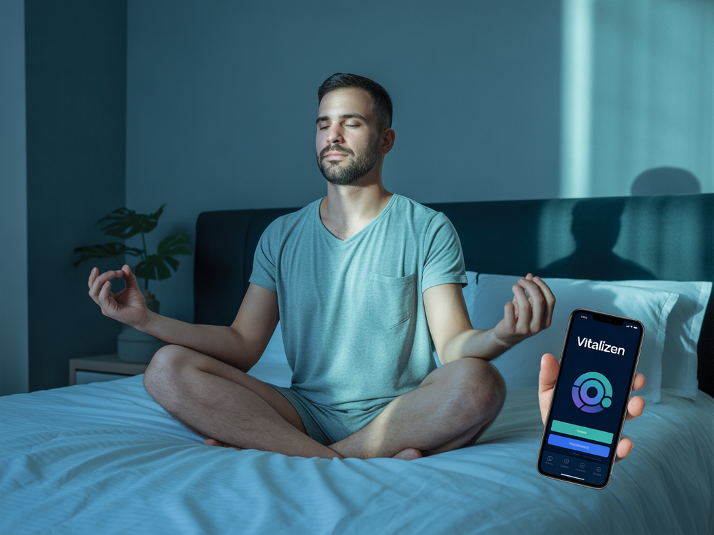 Homem praticando meditação para insônia masculina ao lado da cama com o app Vitalizen.