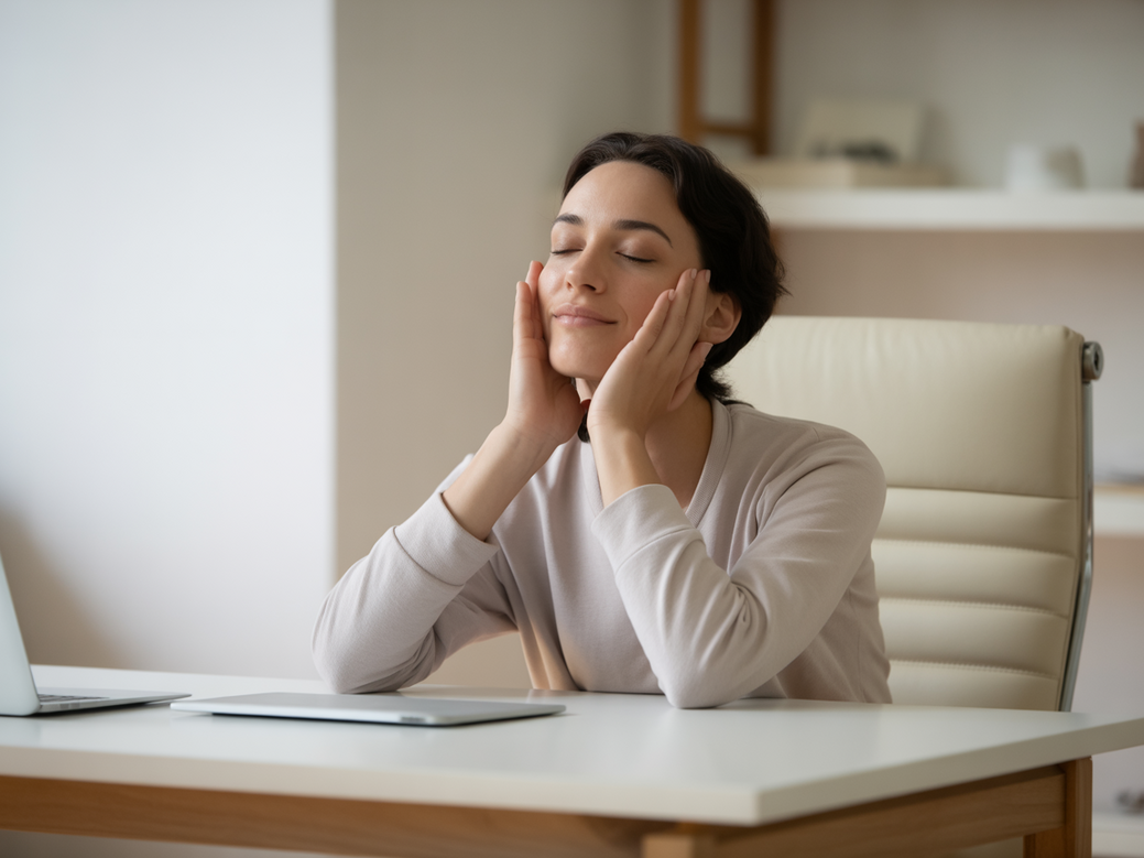 Profissional remoto praticando meditação home office em sua mesa para relaxamento e foco.