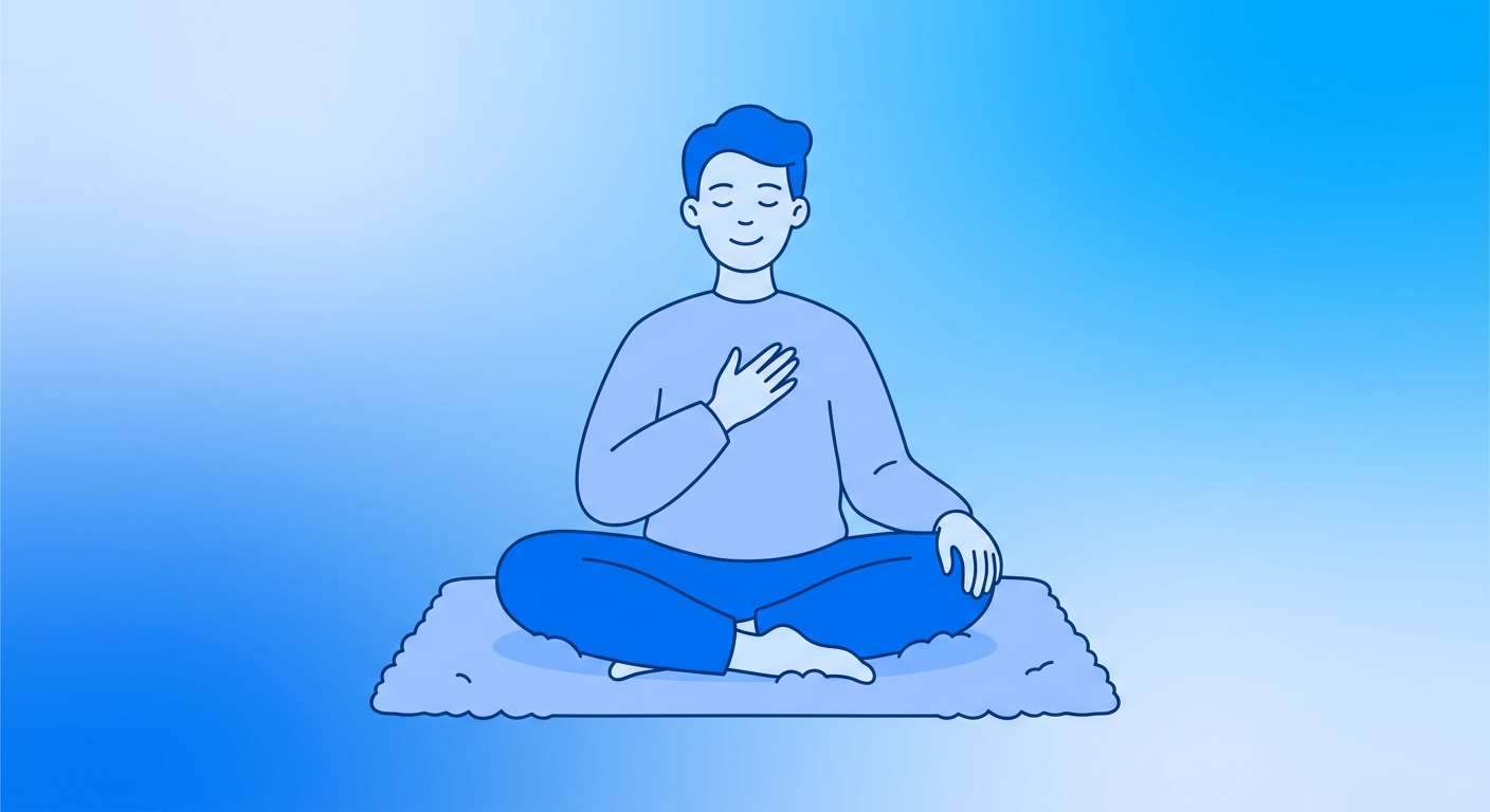 Pessoa meditando com a mão no coração em um ambiente sereno e acolhedor com tons de azul