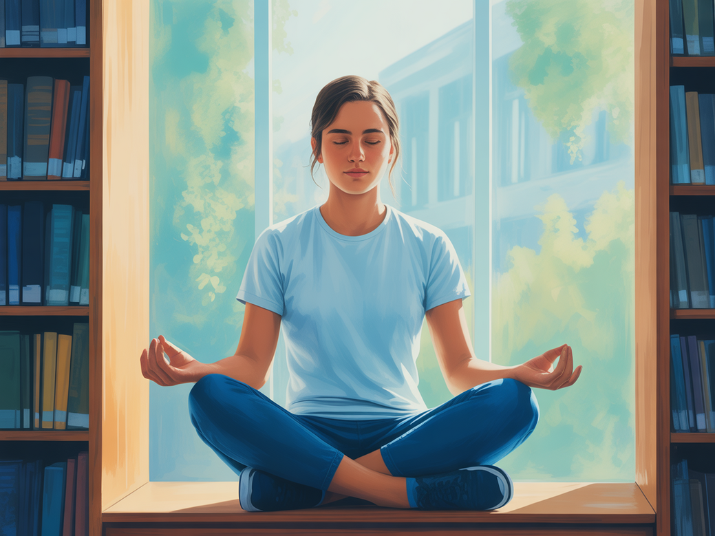 Estudante universitário praticando meditação para ansiedade, visando melhorar o foco nos estudos e o bem-estar.