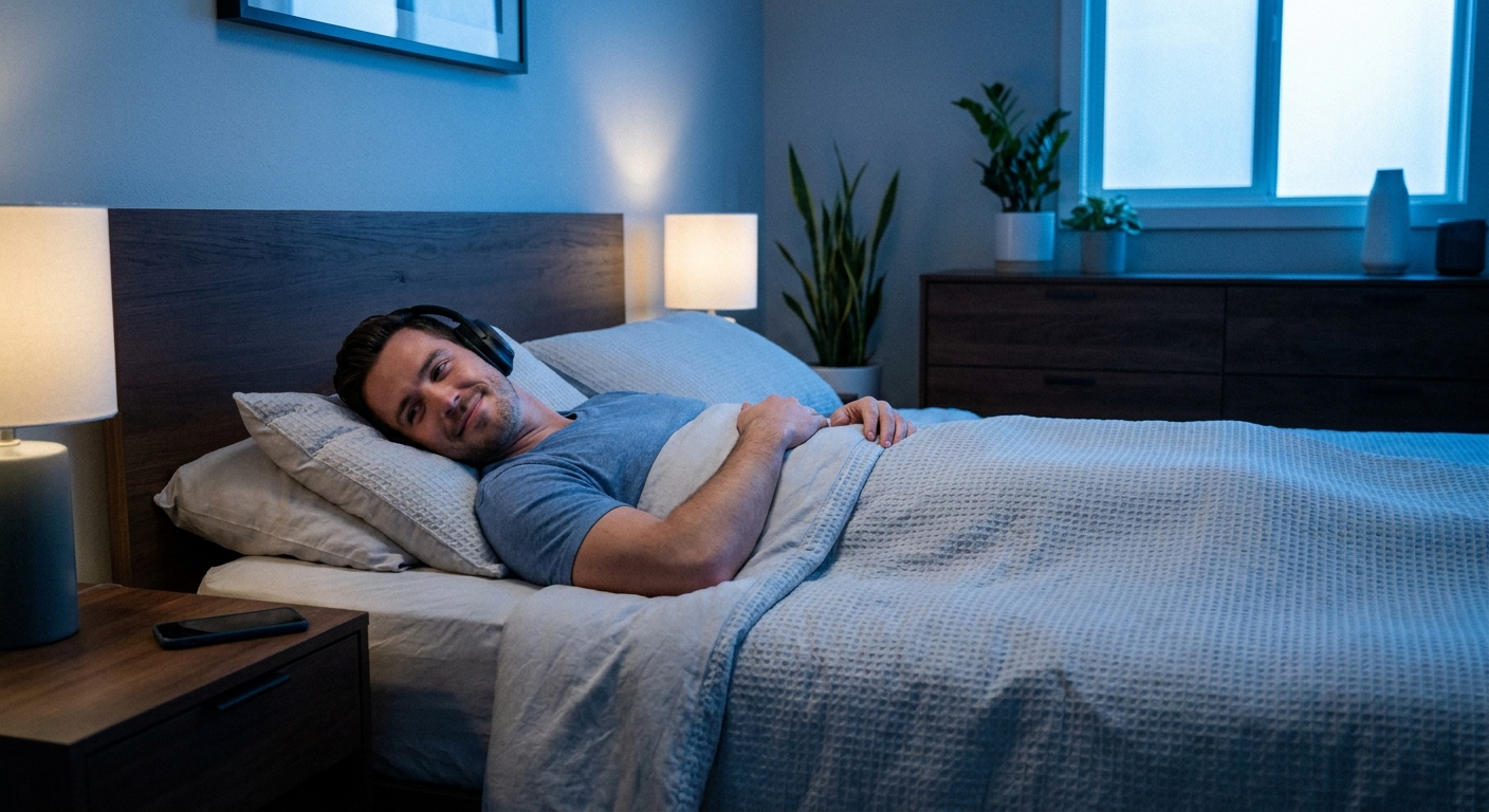 Homem deitado na cama em ambiente noturno sereno praticando meditação noturna guiada com sons relaxantes para insônia masculina