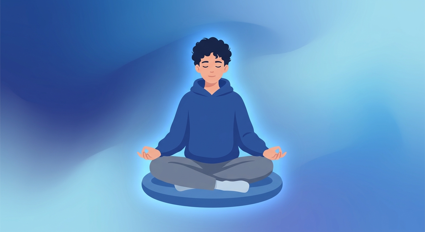 Adolescente meditando em posição de lótus com fundo azul suave - meditação para adolescentes