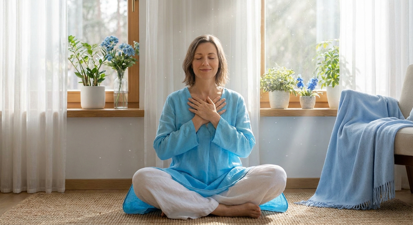 Mulher meditando em ambiente sereno com tons azuis e luz natural - meditação para cura emocional