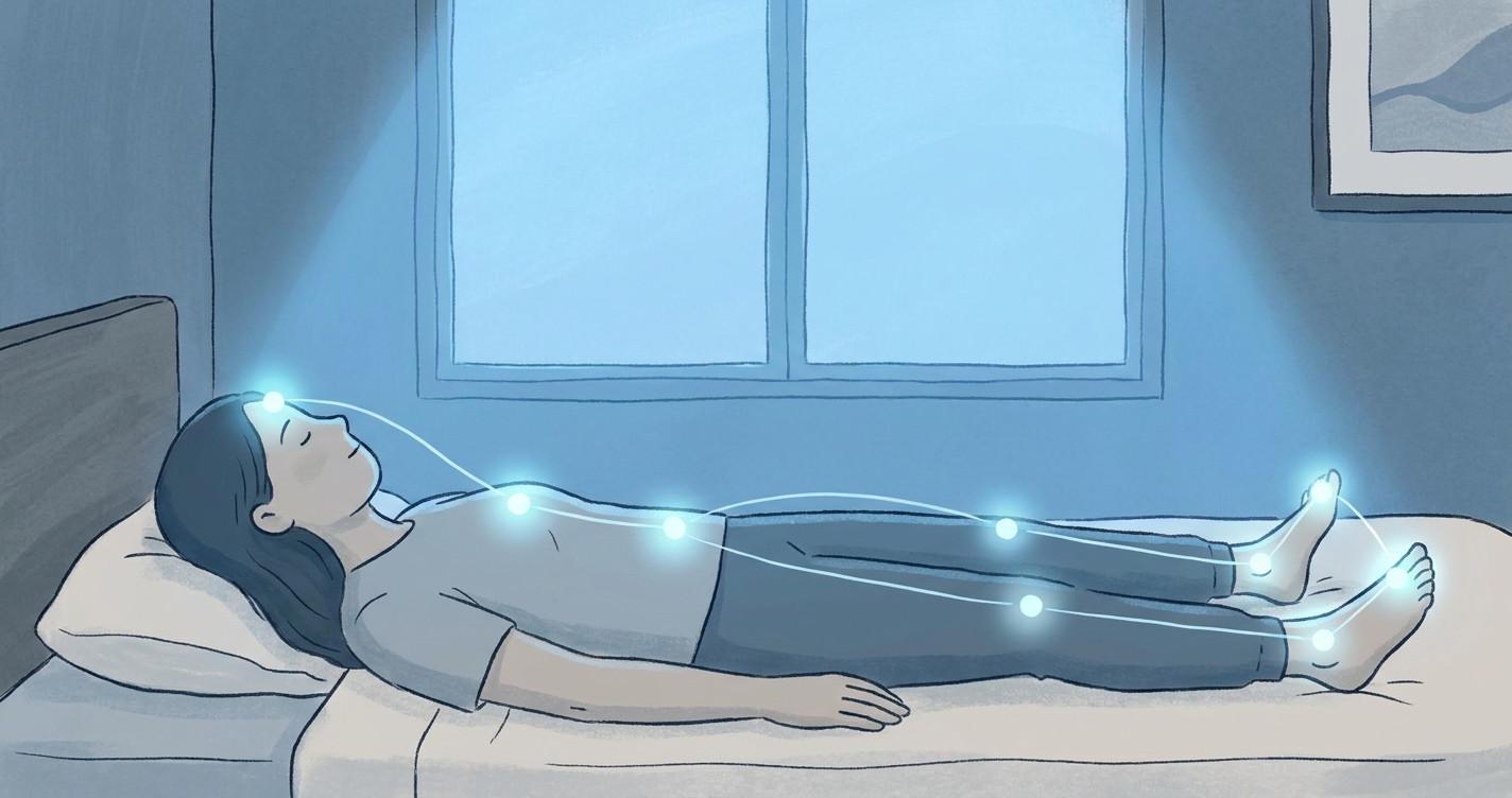 Pessoa deitada confortavelmente em um espaço tranquilo com luz suave azulada, representando o escaneamento corporal para alívio da dor crônica