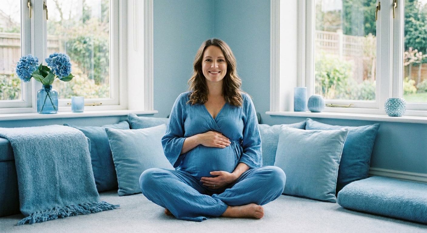 Gestante praticando meditação guiada pelo Vitalizen App em ambiente tranquilo