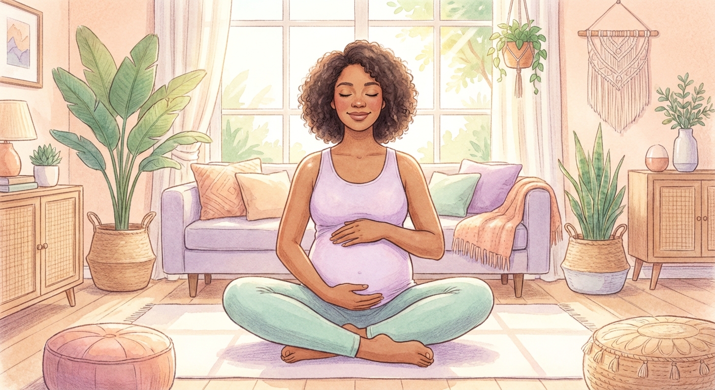 Gestante praticando meditação para gestantes em ambiente tranquilo com o app Vitalizen