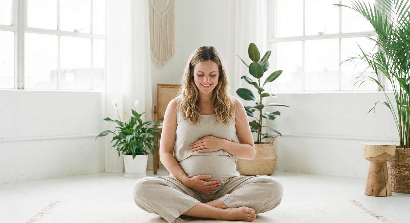 Mulher grávida praticando meditação para gestantes em ambiente tranquilo