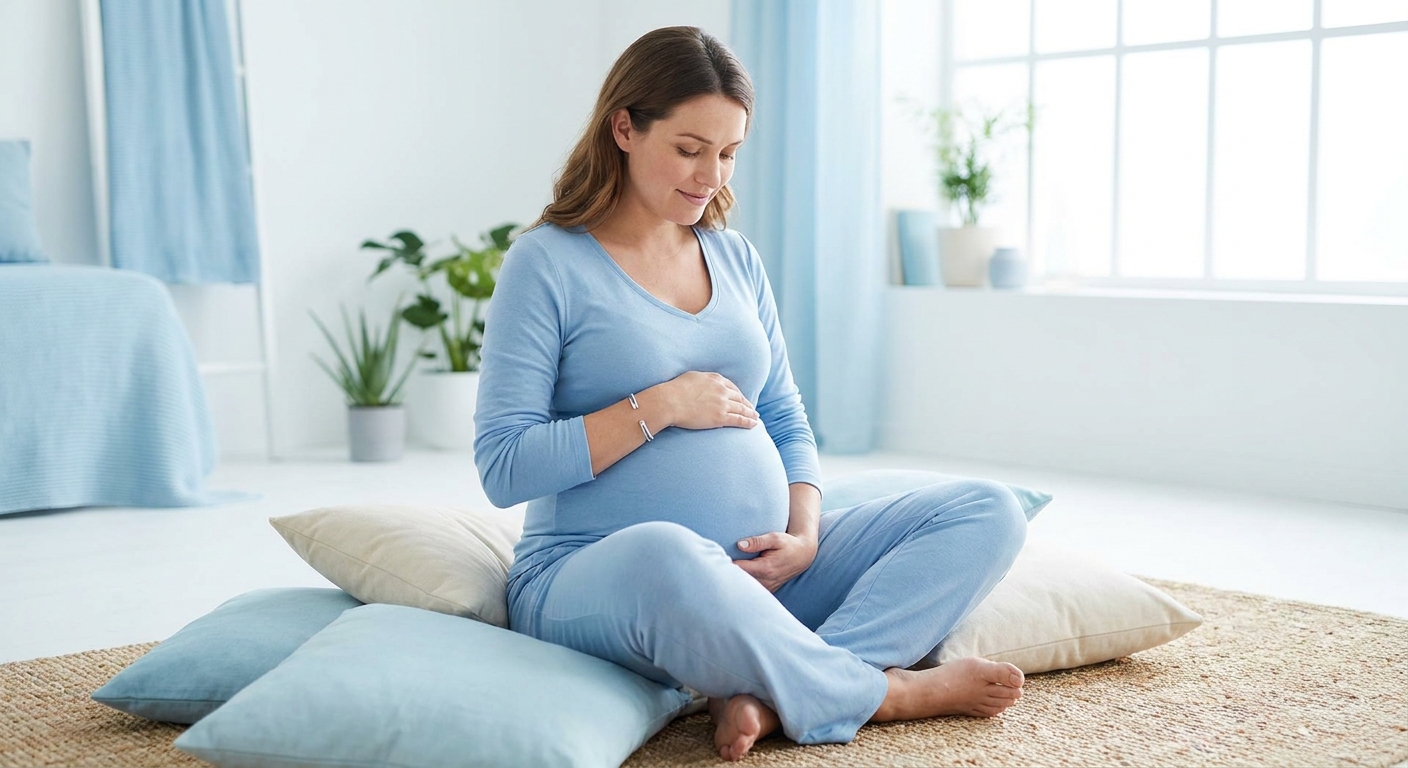 Gestante meditando sentada confortavelmente com mãos sobre a barriga em ambiente calmo e iluminação azul suave