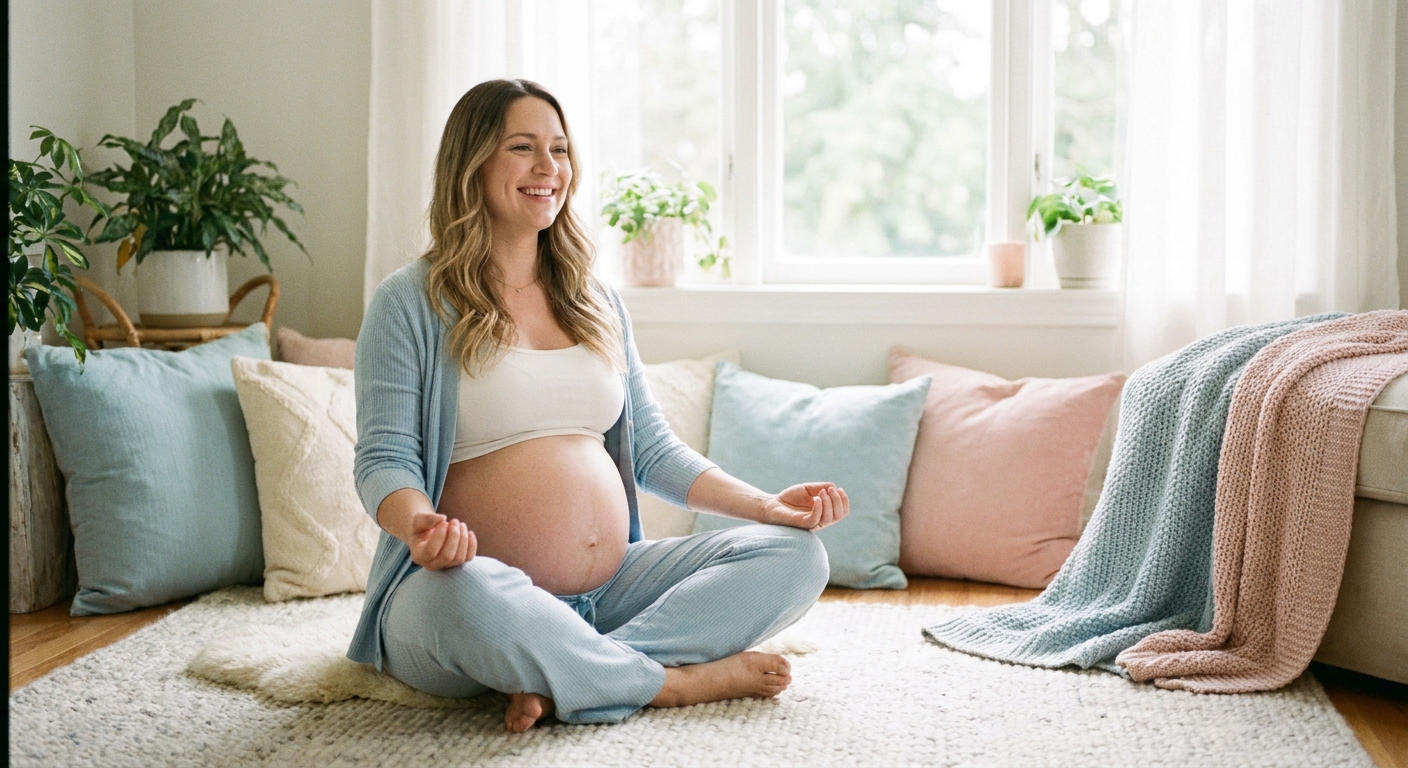 Gestante meditando em ambiente tranquilo com luz natural suave enquanto pratica respiração consciente para o bem-estar na gravidez