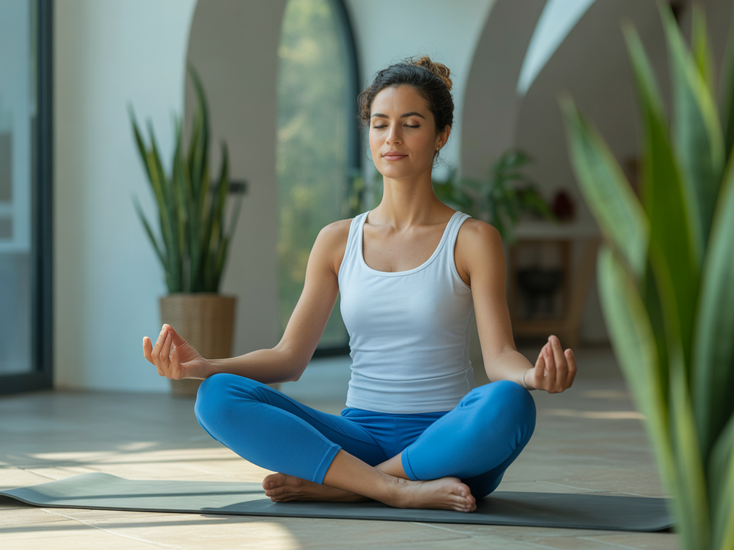 Mulher grávida meditando serenamente em um ambiente iluminado, demonstrando os benefícios da meditação para gestantes.