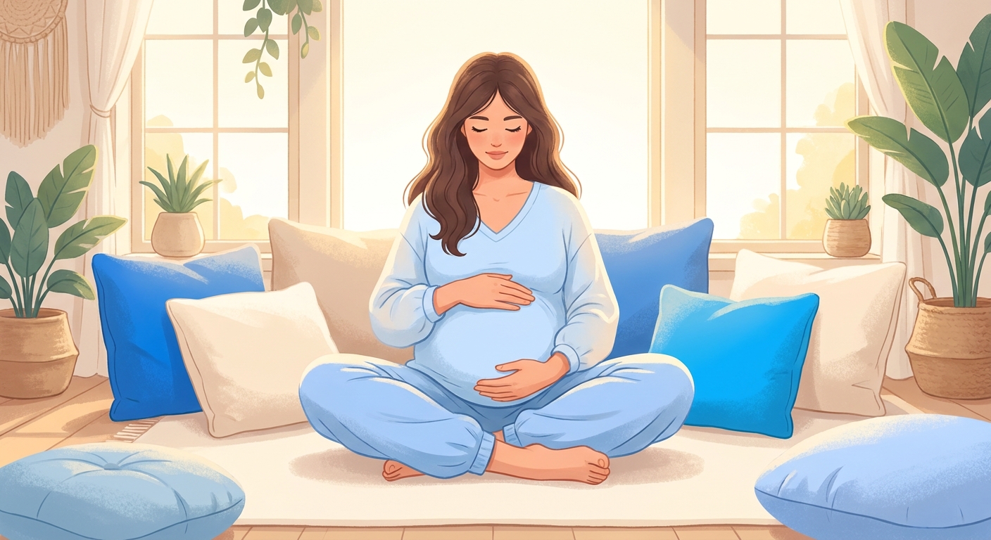 Gestante meditando sentada confortavelmente com almofadas, mãos sobre a barriga, em ambiente tranquilo com luz natural