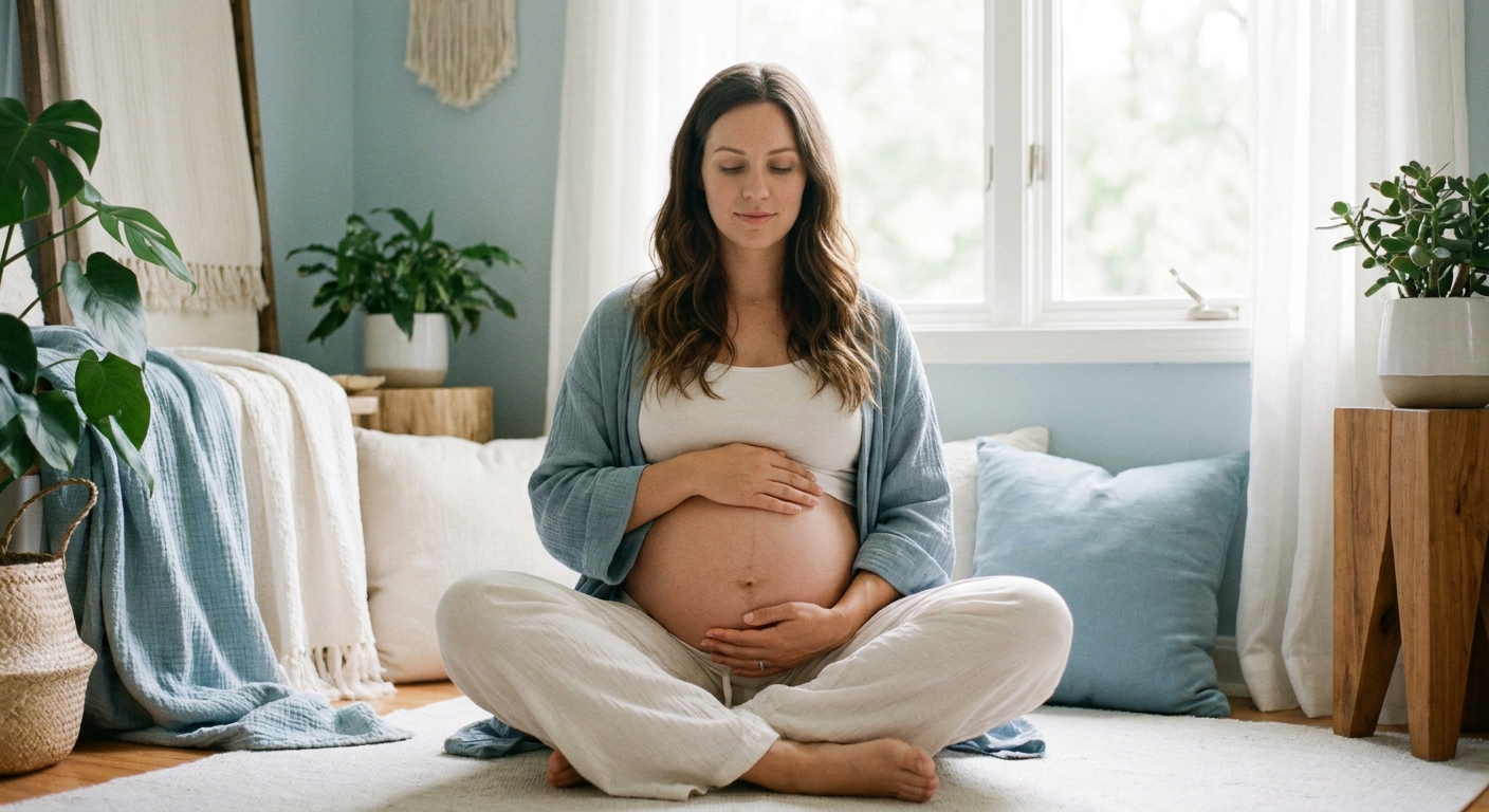 Gestante meditando com as mãos sobre a barriga em conexão com o bebê