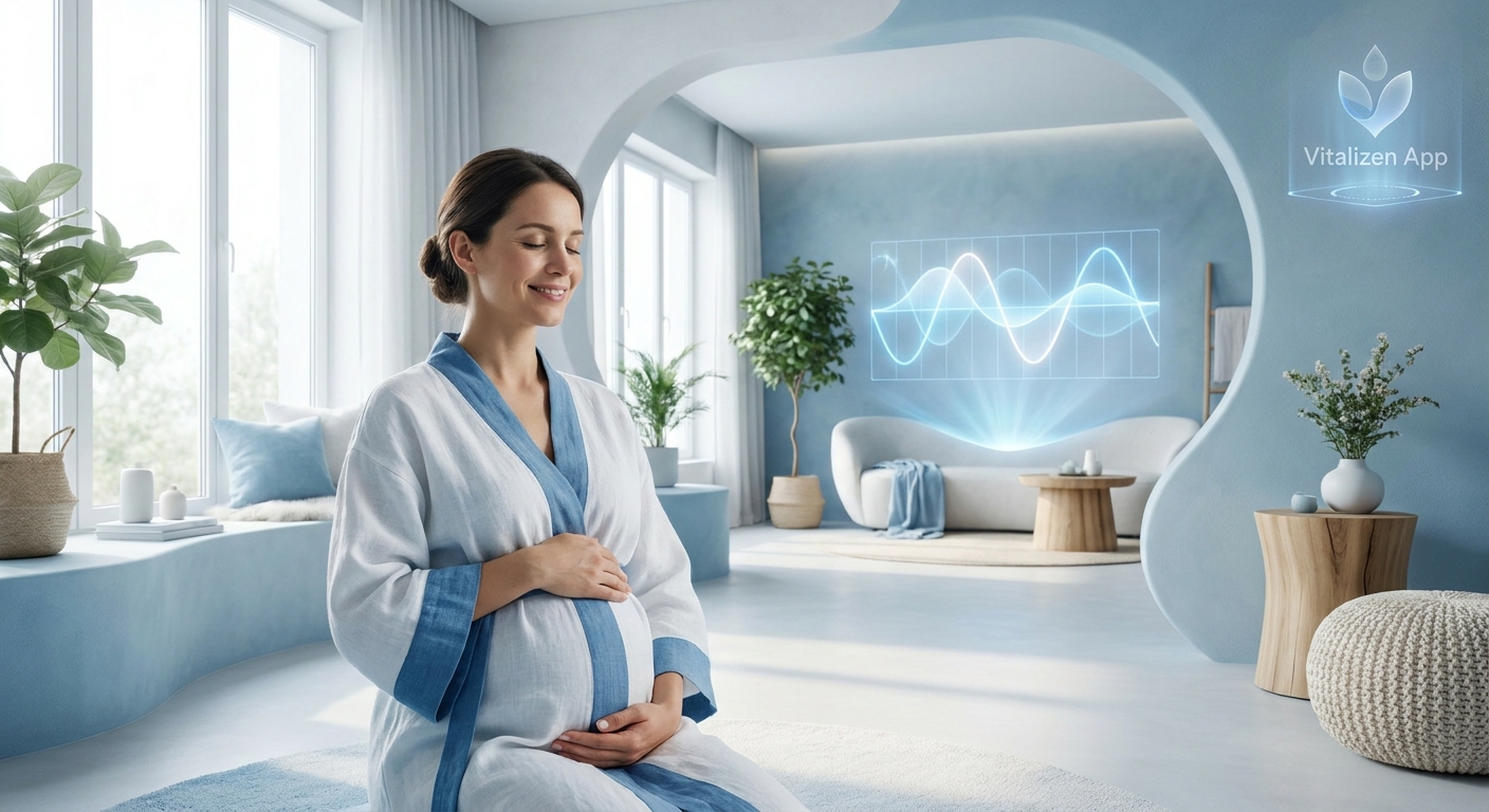 Mulher grávida praticando meditação para gestantes em ambiente tranquilo, representando bem-estar materno e preparação para o parto