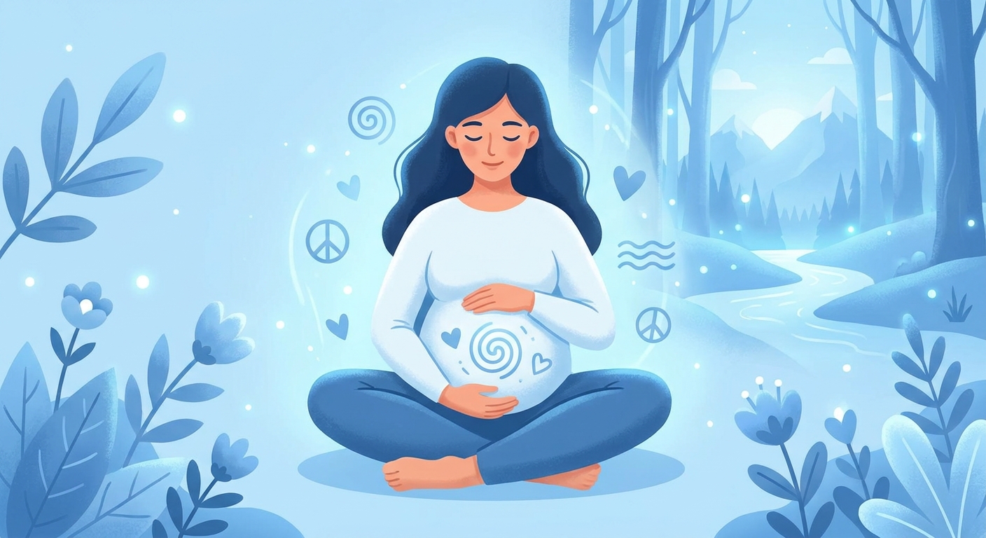Gestante meditando com as mãos sobre a barriga em ambiente calmo com tons azuis - meditação para gestantes