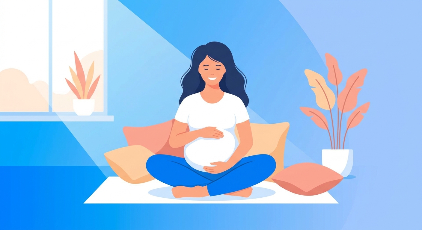 Gestante meditando em ambiente tranquilo com tons azuis da marca Vitalizen - meditação para gestantes
