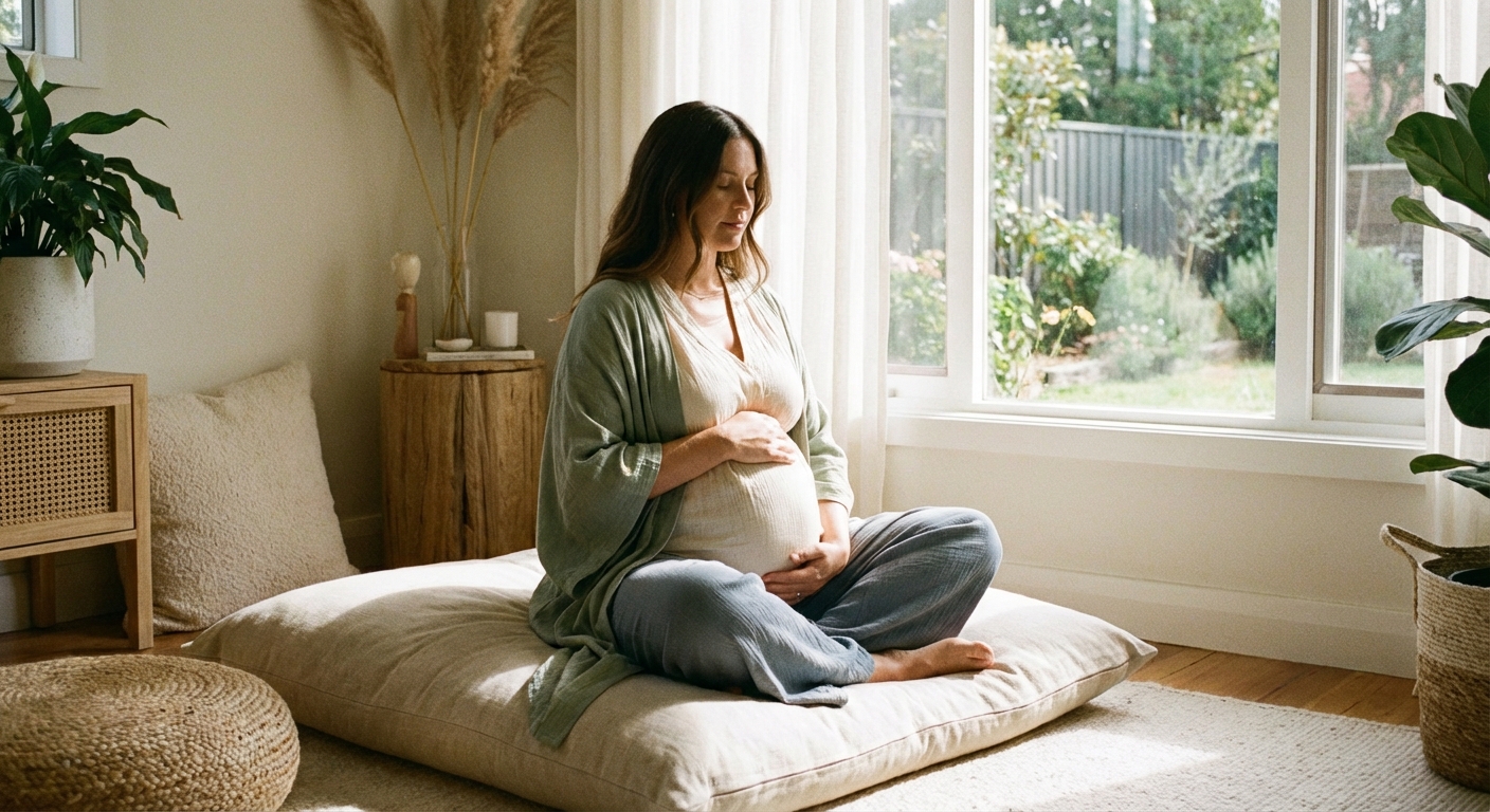 Mulher grávida praticando meditação para gestantes em ambiente tranquilo com o Vitalizen App