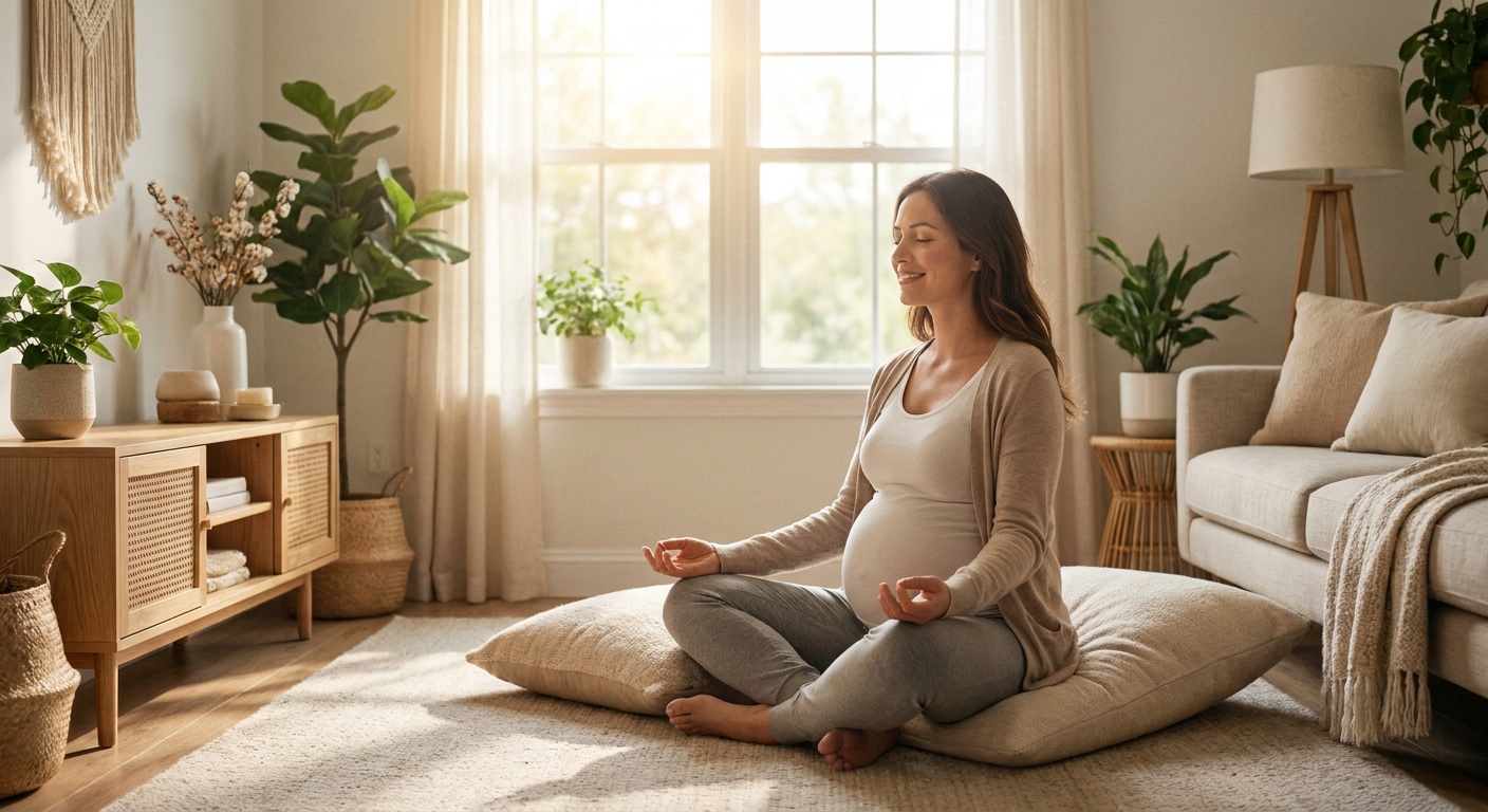 Mulher grávida praticando meditação para gestantes em ambiente tranquilo, representando bem-estar na gravidez